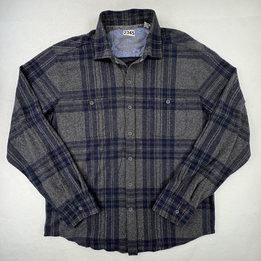 Tommy Bahama Shirt Mens Large Gray Blue Plaid Flannel Long Sleeve Button Up